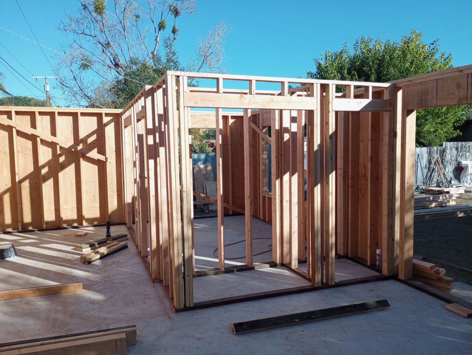 ADU walls framed and standing on a San Jose lot